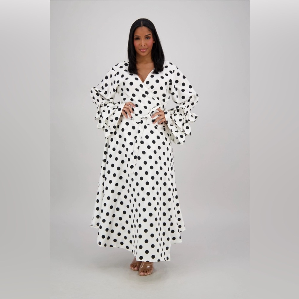 Black and White Ruffled Wrap Sundress with Bishop Sleeves